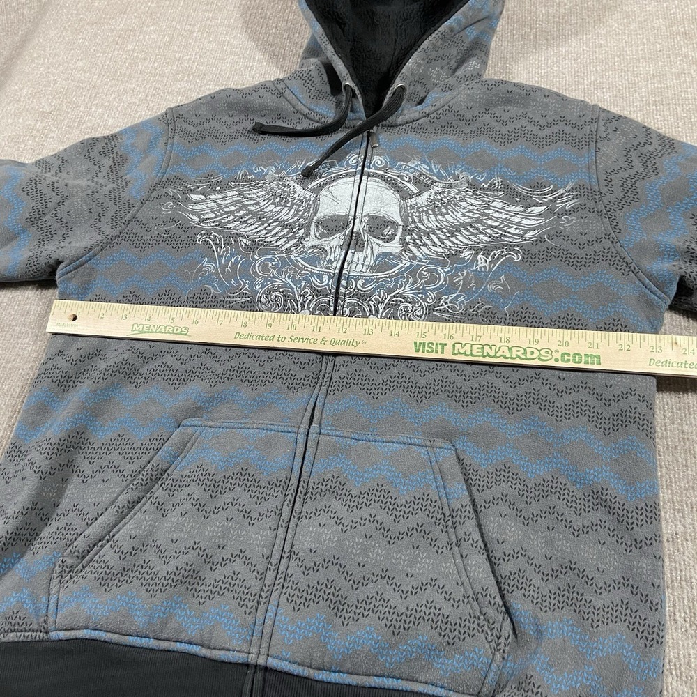 Vintage Y2K Skull Hoodie Mens‎ Large Grey Sherpa Mall Goth Grunge Affliction Y2K - Picture 6 of 9